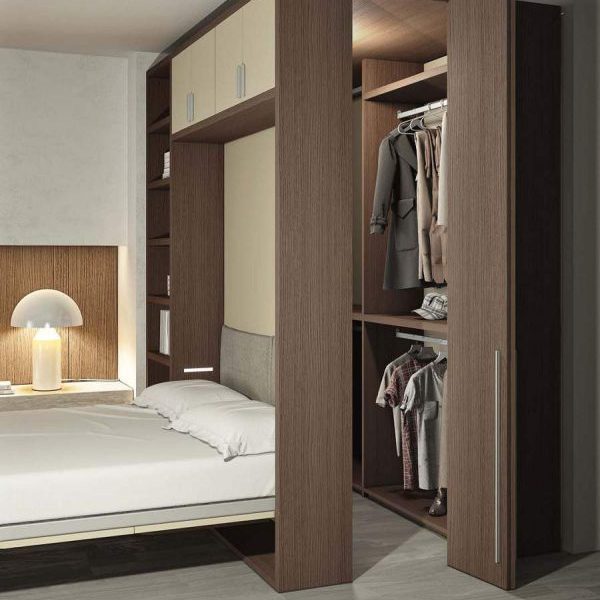 Giường ngủ thông minh kết hợp tủ quần áo với tông màu trầm